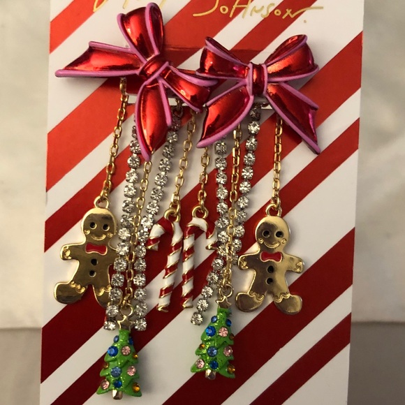 Betsey Johnson Gold Tone Red Metal Bow Front Back Drop Earrings Fringe Accents - Picture 8 of 13